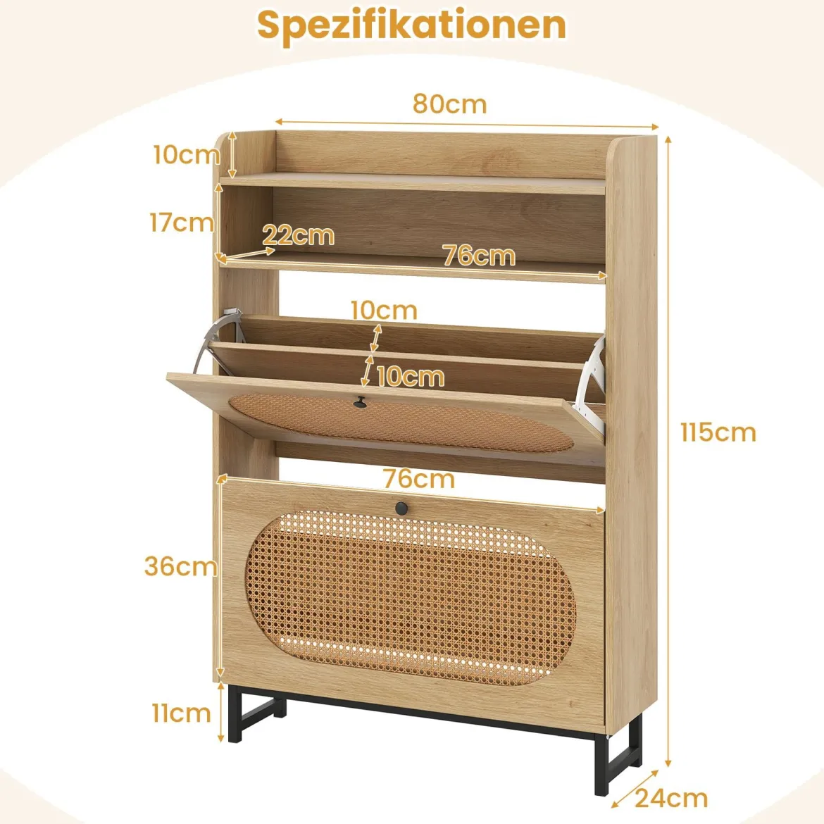 Schuhschrank mit 2 Klappschubladen freistehender Schuhorganisator mit Rattantüren und Metallbeinen Natur