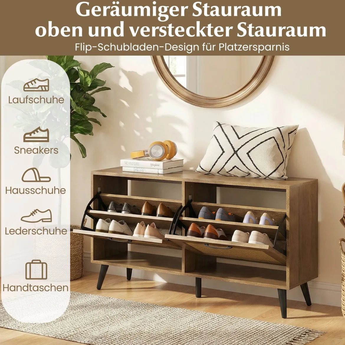 Schuhschrank mit Rattantüren Schmaler Schuhkipper mit 2 Klappen Schuhregal