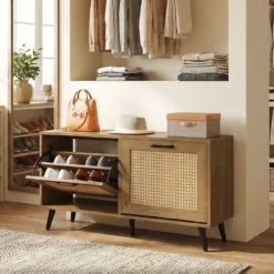 Schuhschrank mit Rattantüren Schmaler Schuhkipper mit 2 Klappen Schuhregal