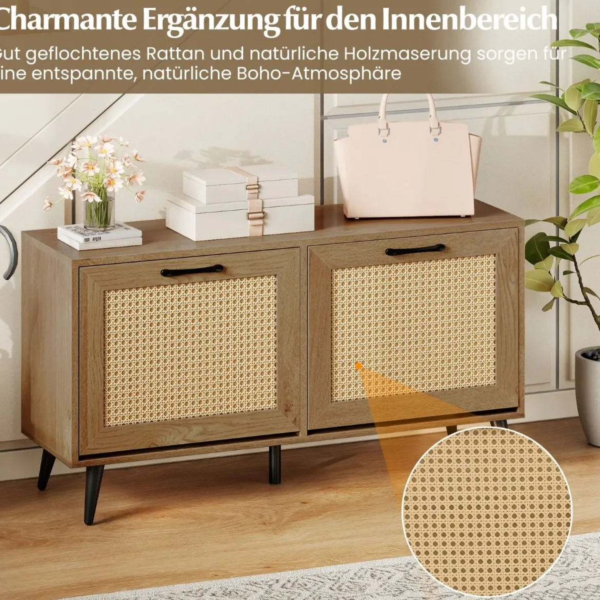 Schuhschrank mit Rattantüren Schmaler Schuhkipper mit 2 Klappen Schuhregal