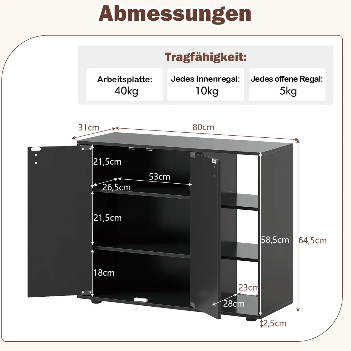Schuhschrank mit 2 Türen & Verstellbaren Offenen Regalen Schuhregal Schuhkommode Schwarz