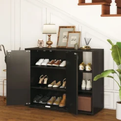 Schuhschrank mit 2 Türen & Verstellbaren Offenen Regalen Schuhregal Schuhkommode Schwarz