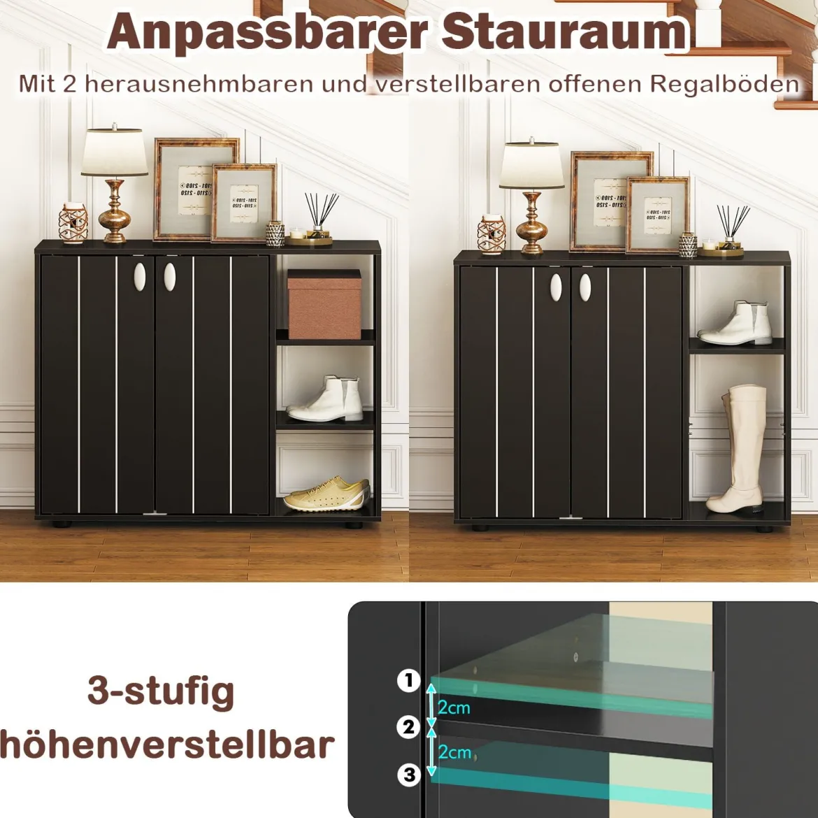 Schuhschrank mit 2 Türen & Verstellbaren Offenen Regalen Schuhregal Schuhkommode Schwarz
