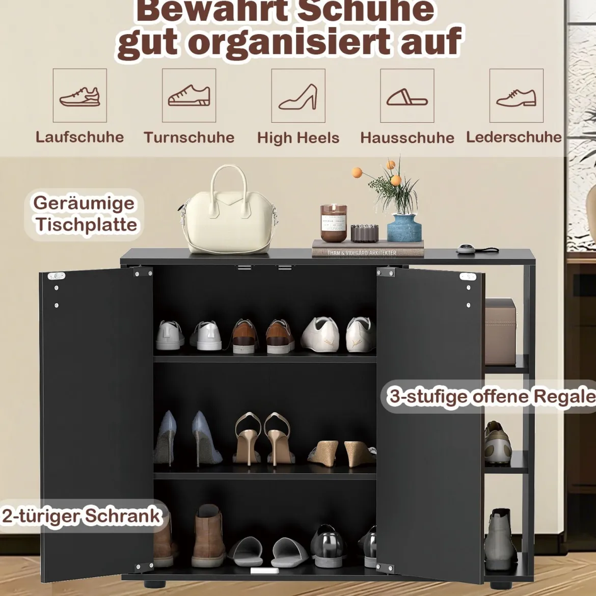 Schuhschrank mit 2 Türen & Verstellbaren Offenen Regalen Schuhregal Schuhkommode Schwarz