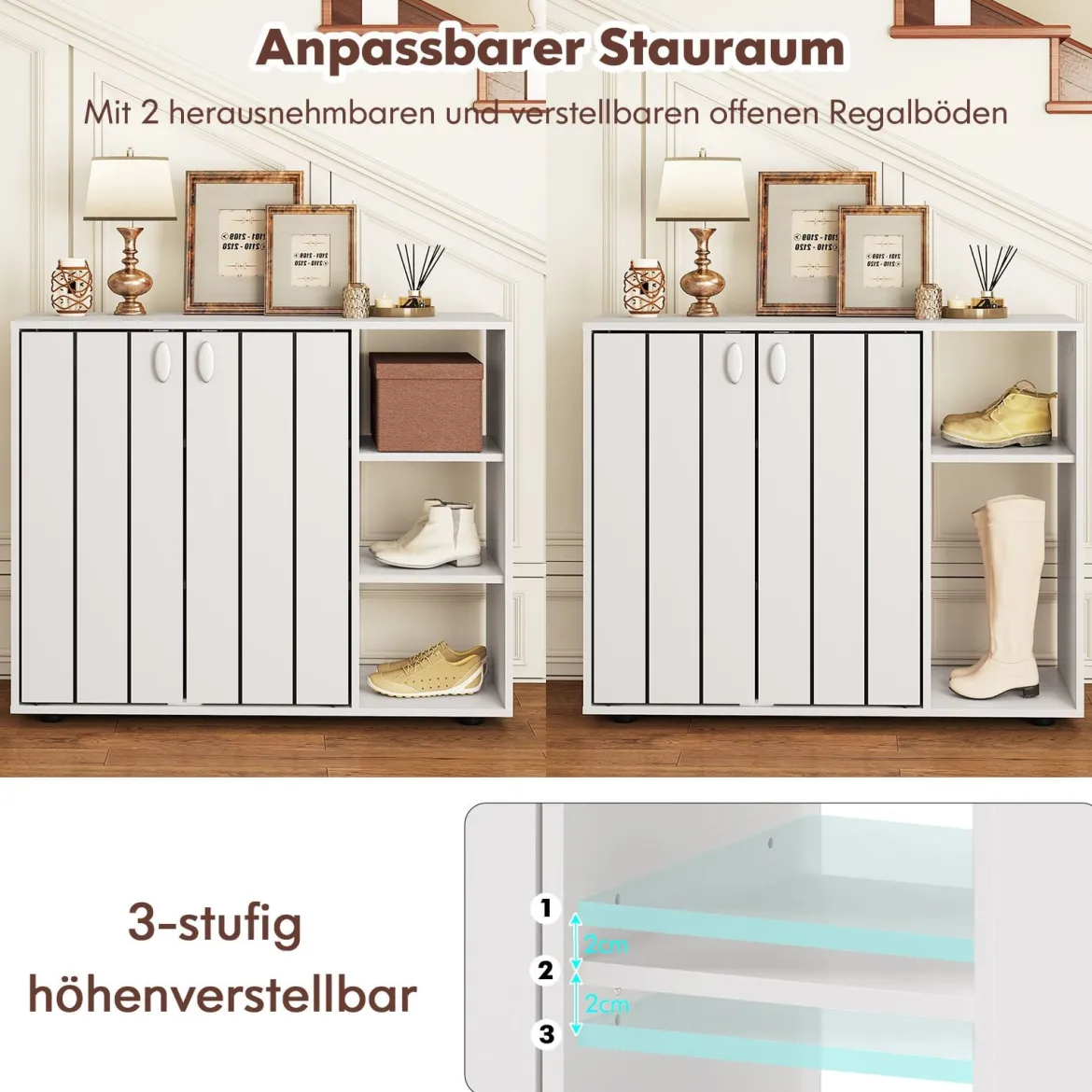 Schuhschrank mit 2 Türen & Verstellbaren Offenen Regalen Schuhregal Schuhkommode Weiß
