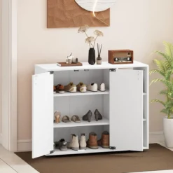 Schuhschrank mit 2 Türen & Verstellbaren Offenen Regalen Schuhregal Schuhkommode Weiß