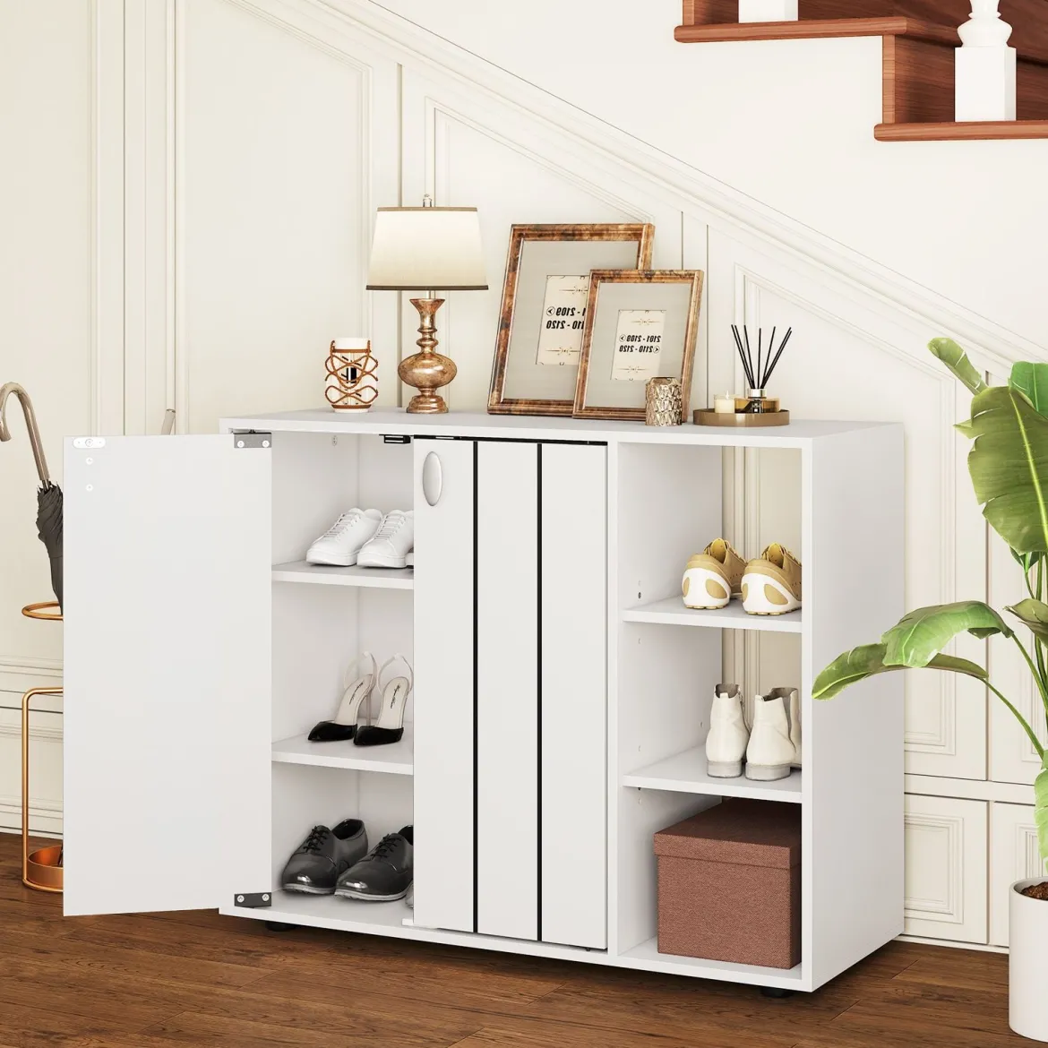 Schuhschrank mit 2 Türen & Verstellbaren Offenen Regalen Schuhregal Schuhkommode Weiß