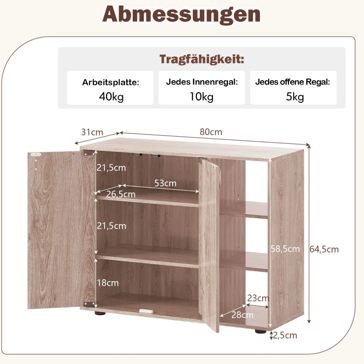 Schuhschrank mit 2 Türen & Verstellbaren Offenen Regalen Schuhregal Schuhkommode Natur