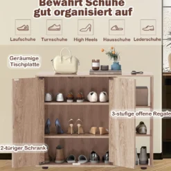 Schuhschrank mit 2 Türen & Verstellbaren Offenen Regalen Schuhregal Schuhkommode Natur