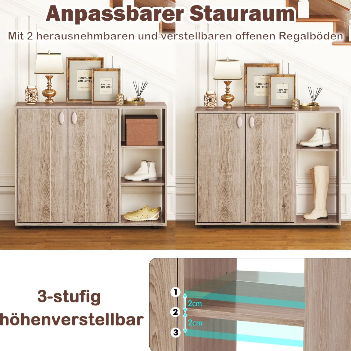 Schuhschrank mit 2 Türen & Verstellbaren Offenen Regalen Schuhregal Schuhkommode Natur