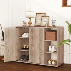 Schuhschrank mit 2 Türen & Verstellbaren Offenen Regalen Schuhregal Schuhkommode Natur