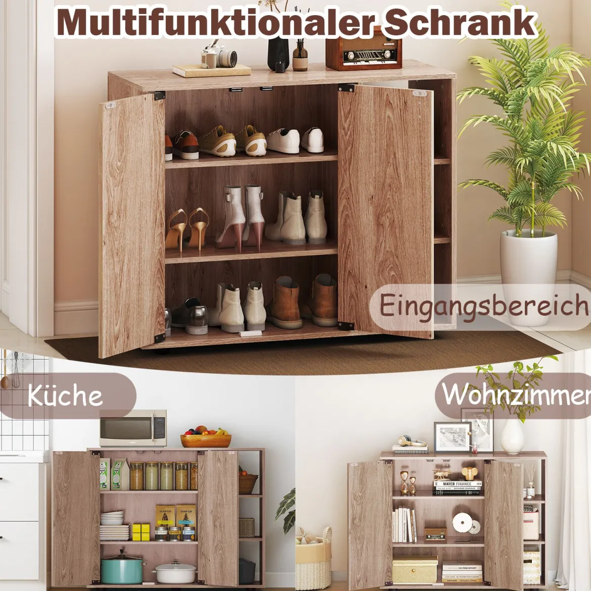 Schuhschrank mit 2 Türen & Verstellbaren Offenen Regalen Schuhregal Schuhkommode Natur