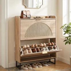 Schuhschrank Schuhkipper mit 2 Klappen Schuhregal & Verstellbaren Einlegeböden 80 x 24 x 102 cm Natur