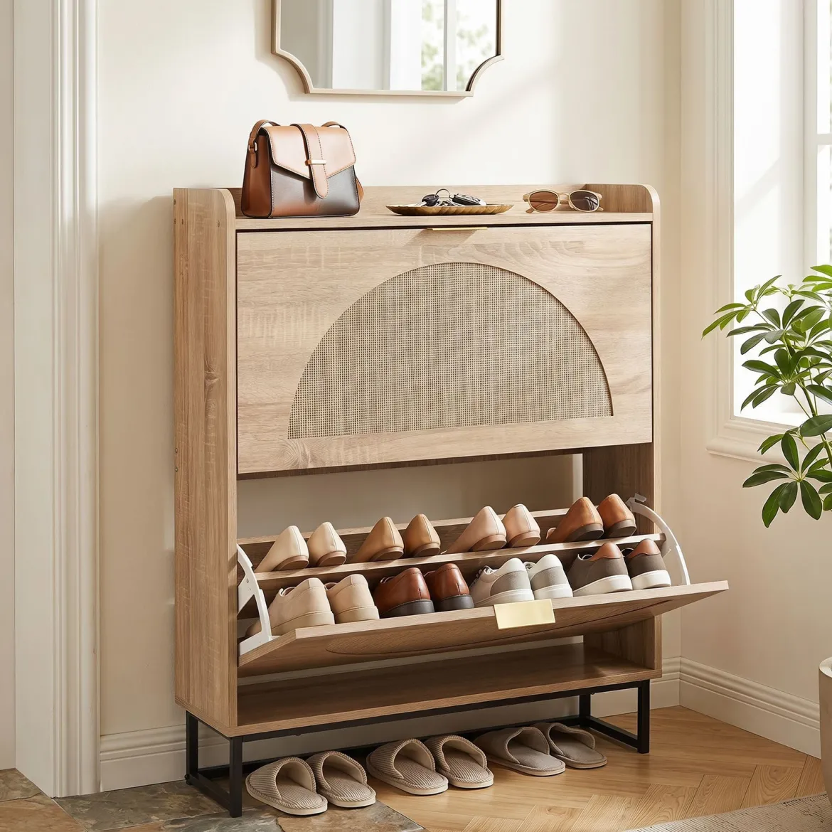Schuhschrank Schuhkipper mit 2 Klappen Schuhregal & Verstellbaren Einlegeböden 80 x 24 x 102 cm Natur