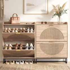 Schuhschrank Schuhkipper mit 2 Klappen Schuhregal & Verstellbaren Einlegeböden 80 x 24 x 102 cm Natur