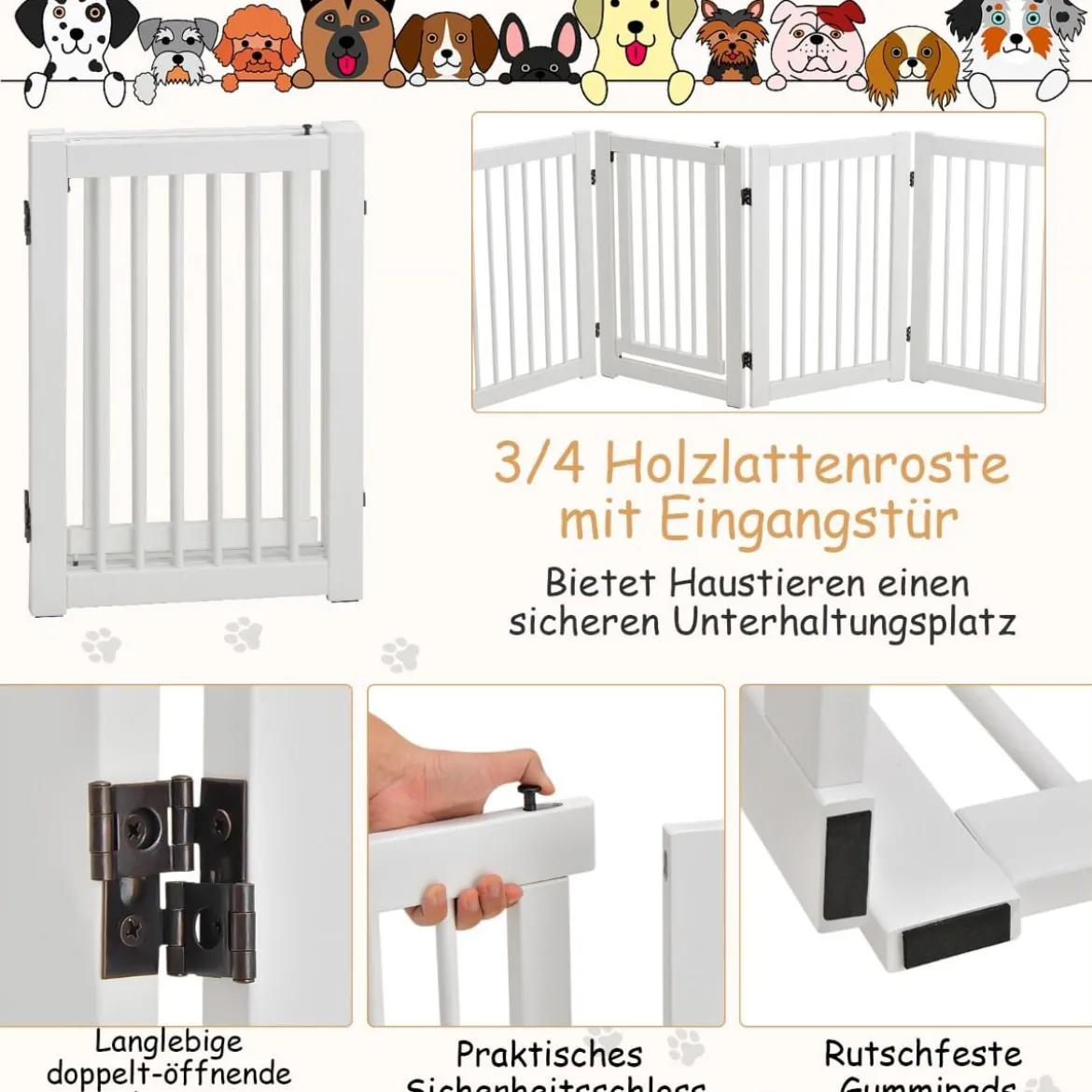 Schutzgitter Vier Stücke HundeTürschutzgitter 203 x 76 x 1,8 cm Weiß