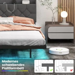 Schwebebettgestell mit LED-Lichtern modernes Plattformbett mit verstellbarem gepolstertem Kopfteil und Ladestation Grau