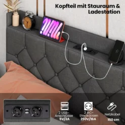 Schwebebettgestell mit LED-Lichtern modernes Plattformbett mit verstellbarem gepolstertem Kopfteil und Ladestation Grau