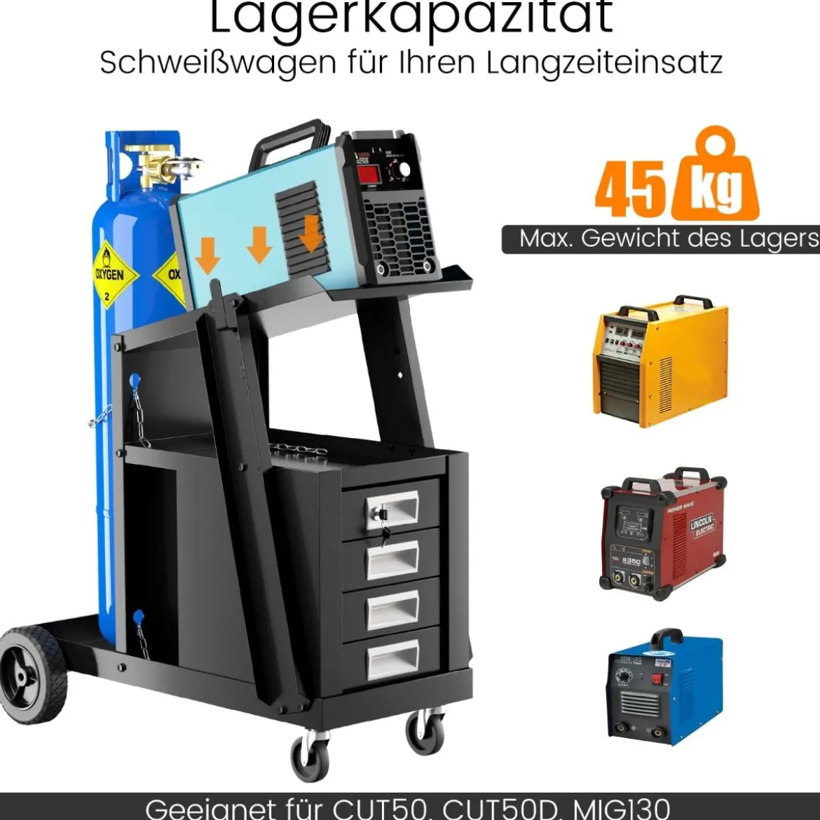 Schweißwagen mit 4 Schubladen & Gasflaschenhalter 71 x 38 x 71 cm Schwarz