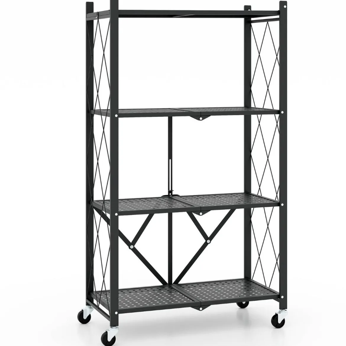 Schwerlastregal klappbar 4 Ebenen Standregal mit feststellbaren Rädern Schwarz 71 x 34 x 126 cm
