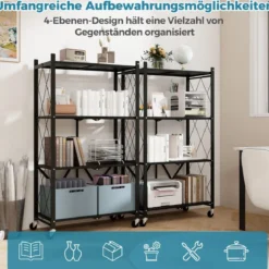 Schwerlastregal klappbar 4 Ebenen Standregal mit feststellbaren Rädern Schwarz 71 x 34 x 126 cm