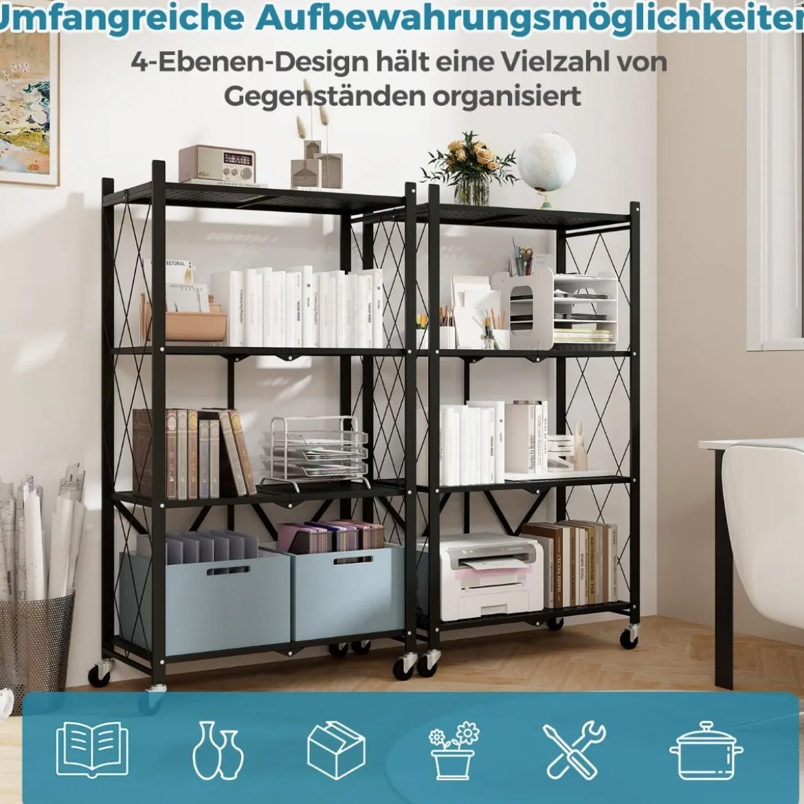 Schwerlastregal klappbar 4 Ebenen Standregal mit feststellbaren Rädern Schwarz 71 x 34 x 126 cm