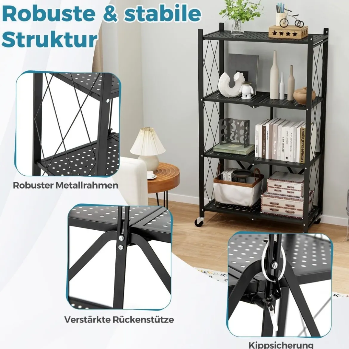 Schwerlastregal klappbar 4 Ebenen Standregal mit feststellbaren Rädern Schwarz 71 x 34 x 126 cm