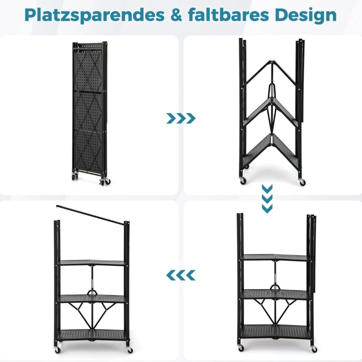 Schwerlastregal klappbar 4 Ebenen Standregal mit feststellbaren Rädern Schwarz 71 x 34 x 126 cm