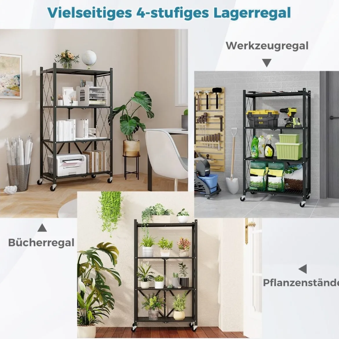 Schwerlastregal klappbar 4 Ebenen Standregal mit feststellbaren Rädern Schwarz 71 x 34 x 126 cm