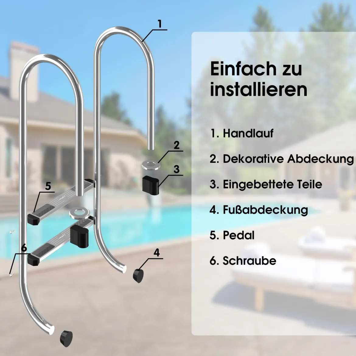 Schwimmbad-Leiter 2-stufige sichere Leiter mit rutschfesten Stufen Einstiegsleiter Schwimmbadleiter rutschfest Silber