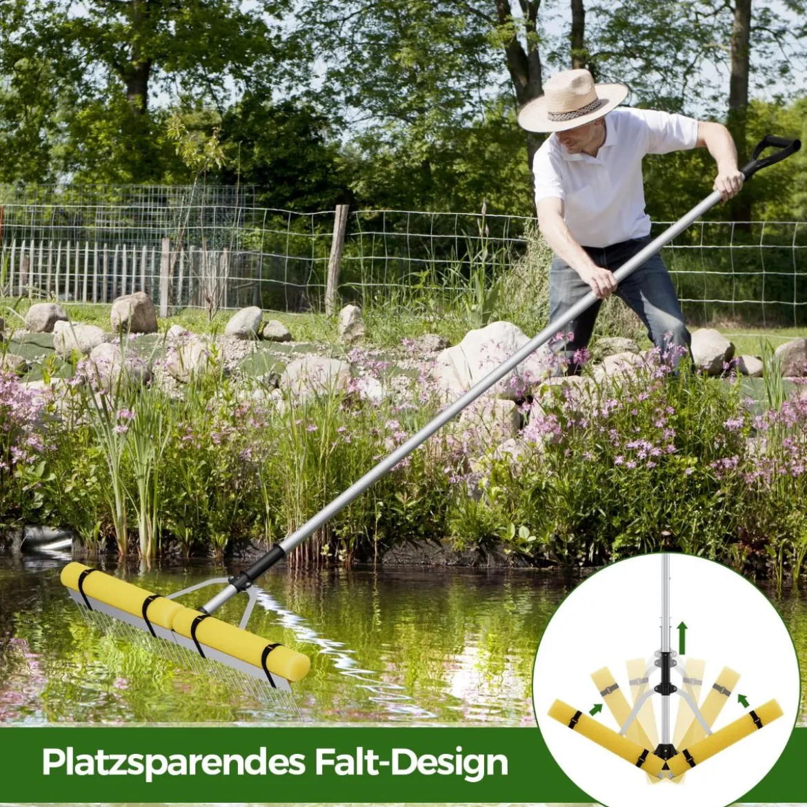 Schwimmender Weed-See-Rechen mit 36-Zinken-Rechenkopf 600 cm Wurfseil 92 x 12 x 156-230 cm