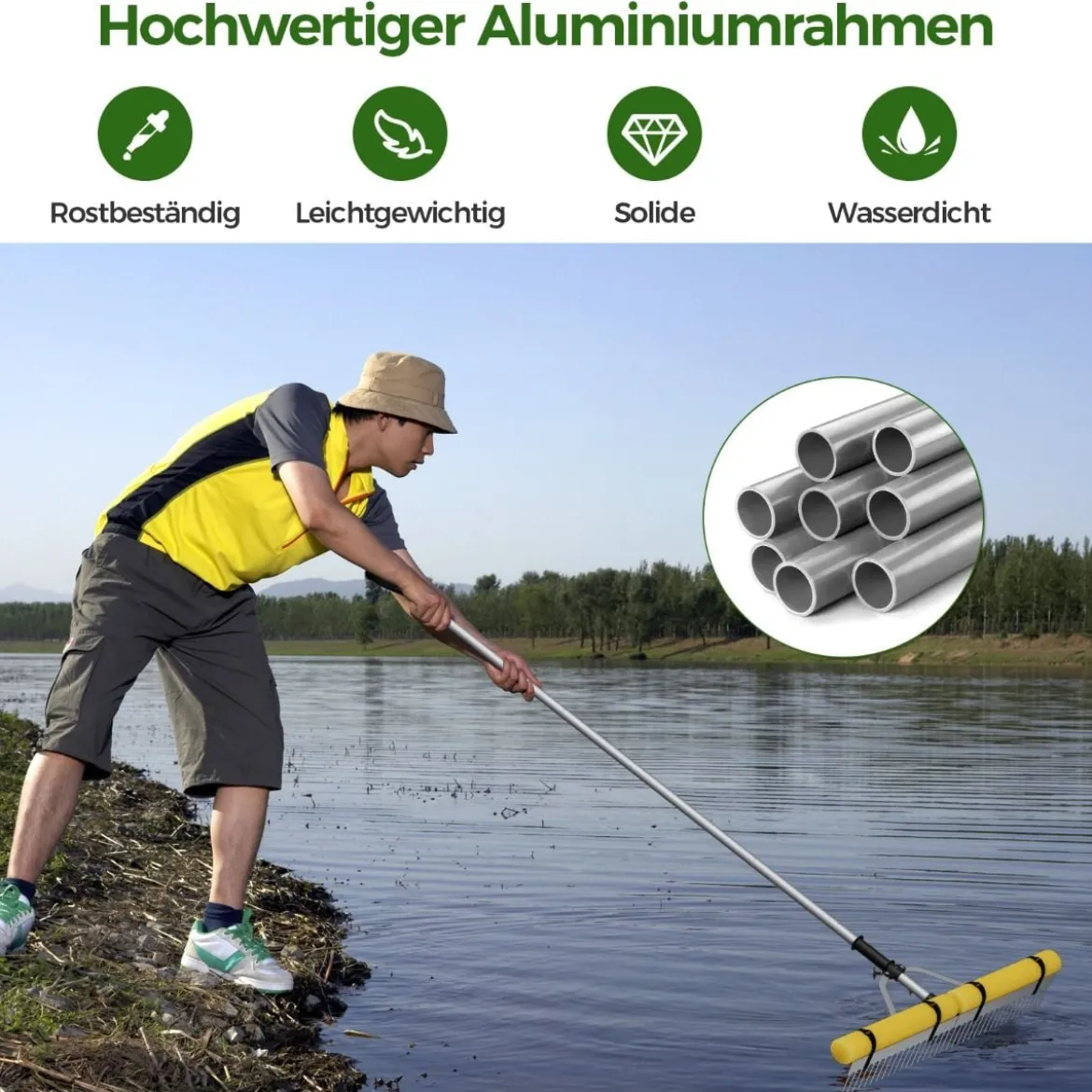 Schwimmender Weed-See-Rechen mit 36-Zinken-Rechenkopf 600 cm Wurfseil 92 x 12 x 156-230 cm