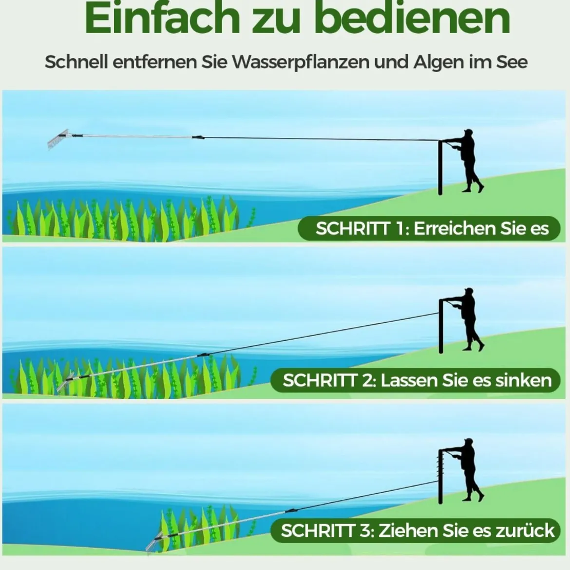 Schwimmender Weed-See-Rechen mit 36-Zinken-Rechenkopf 600 cm Wurfseil 92 x 12 x 156-230 cm