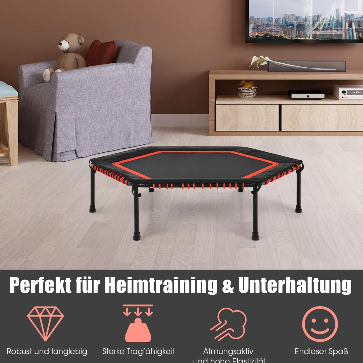 Sechseckiges 126 cm Fitness-Trampolin Fitness Trampolin Kindertrampolin Jumping-Workout Rot