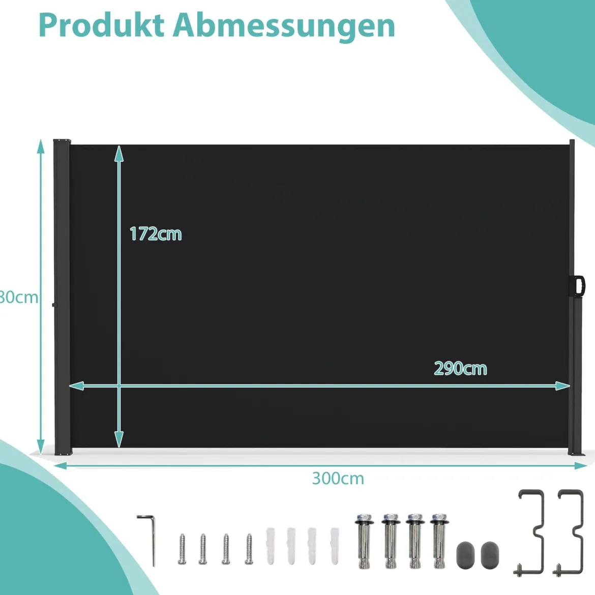 Seitenmarkise Garten Sichtschutz Ausziehbar aus Aluminium mit seitlichem Griff 180 x 300 cm