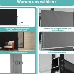 Seitenmarkise Garten Sichtschutz Ausziehbar aus Aluminium mit seitlichem Griff 180 x 300 cm