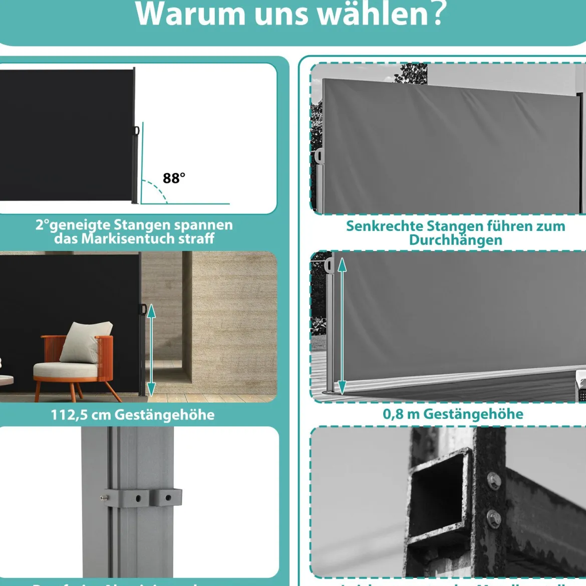 Seitenmarkise Garten Sichtschutz Ausziehbar aus Aluminium mit seitlichem Griff 180 x 300 cm