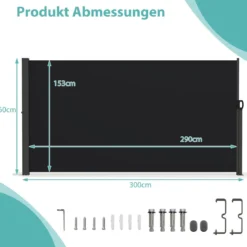 Seitenmarkise 300 x 18 x 160 cm Garten Sichtschutz Ausziehbar aus Aluminium Sonnenschutz Windschutz für Balkon