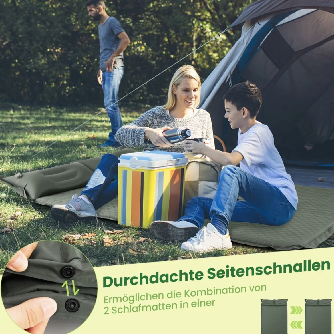 Selbstaufblasende Campingmatte Komfortable Outdoor-Schlafmatte 186 x 130 x 4 cm Grün