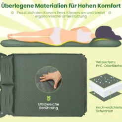Selbstaufblasende Campingmatte Komfortable Outdoor-Schlafmatte 186 x 130 x 4 cm Grün
