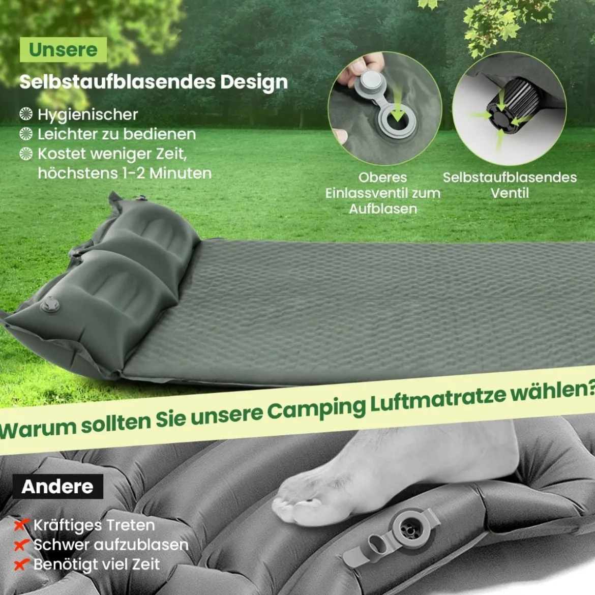Selbstaufblasende Campingmatte Komfortable Outdoor-Schlafmatte 186 x 130 x 4 cm Grün