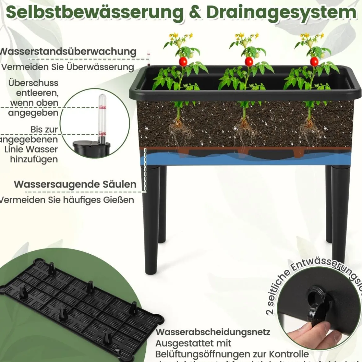 Selbstbewässerndes Hochbeet mit Spalier & Wasserstandsanzeige & Entwässerungslöchern