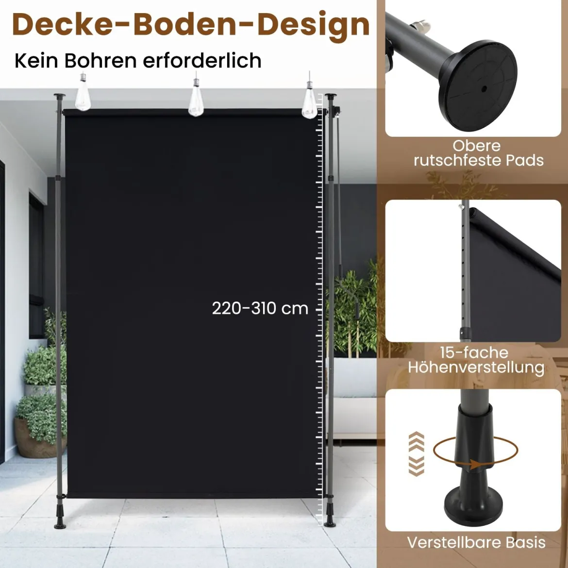 Senkrechtmarkise Außen Vertikalmarkise 200 x 220-310 cm Höhenverstellbar & Ausziehbar Balkon Markise Schwarz