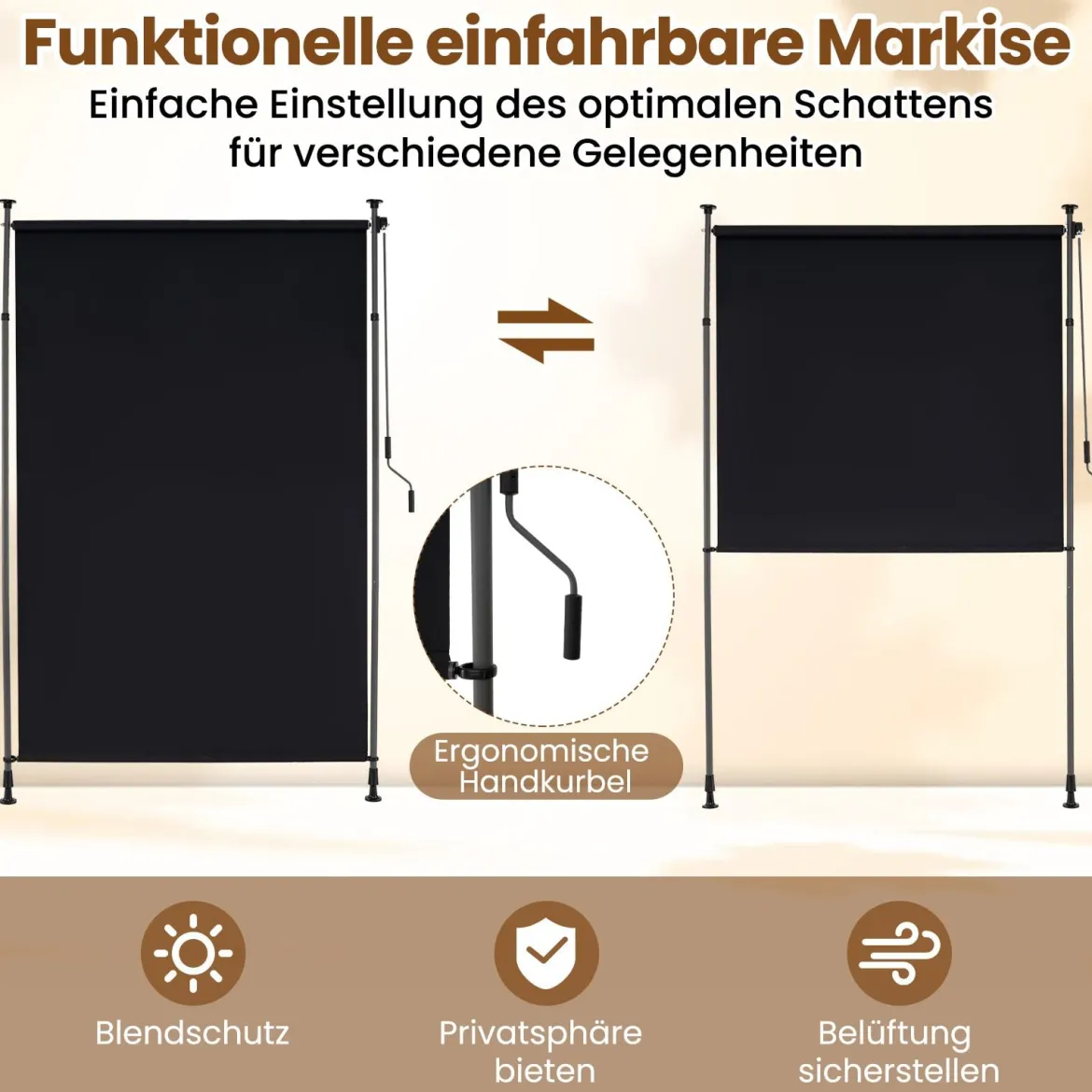 Senkrechtmarkise Außen Vertikalmarkise 200 x 220-310 cm Höhenverstellbar & Ausziehbar Balkon Markise Schwarz