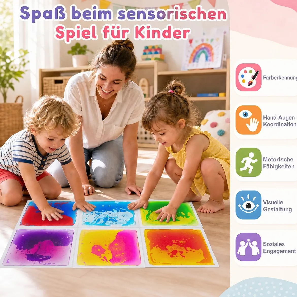 Sensorische Bodenfliesen 30 x 30 cm 6 Stück Flüssige & Ungiftige Sensorik Matten Mehrfarbig