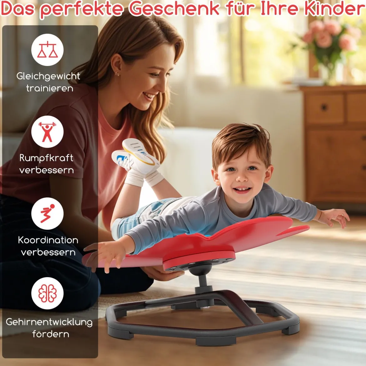Sensorischer Drehstuhl Kinder 360° Kinderdrehstuhl Karussell Autismus Kinderstuhl mit rutschfester Metallbasis Rot Blume