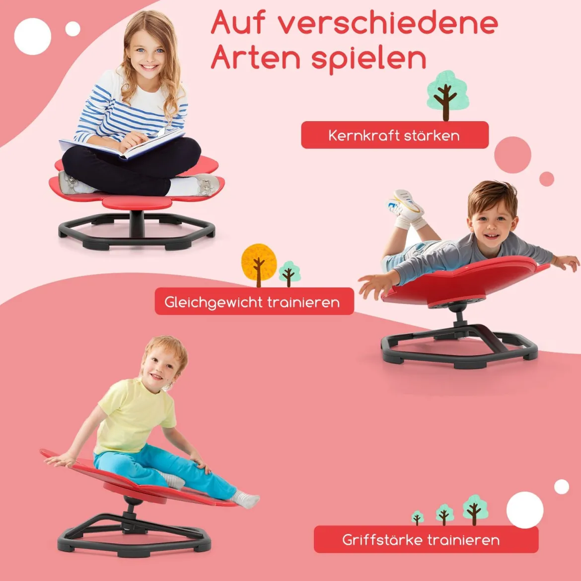 Sensorischer Drehstuhl Kinder 360° Kinderdrehstuhl Karussell Autismus Kinderstuhl mit rutschfester Metallbasis Rot Blume