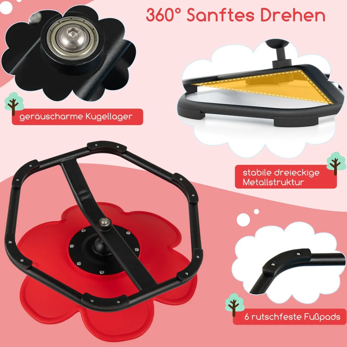 Sensorischer Drehstuhl Kinder 360° Kinderdrehstuhl Karussell Autismus Kinderstuhl mit rutschfester Metallbasis Rot Blume