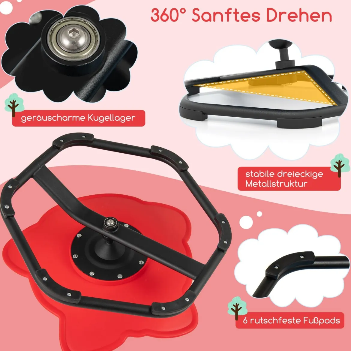 Sensorischer Drehstuhl Kinder 360° Kinderdrehstuhl Karussell Autismus Kinderstuhl mit rutschfester Metallbasis Rot Elefant