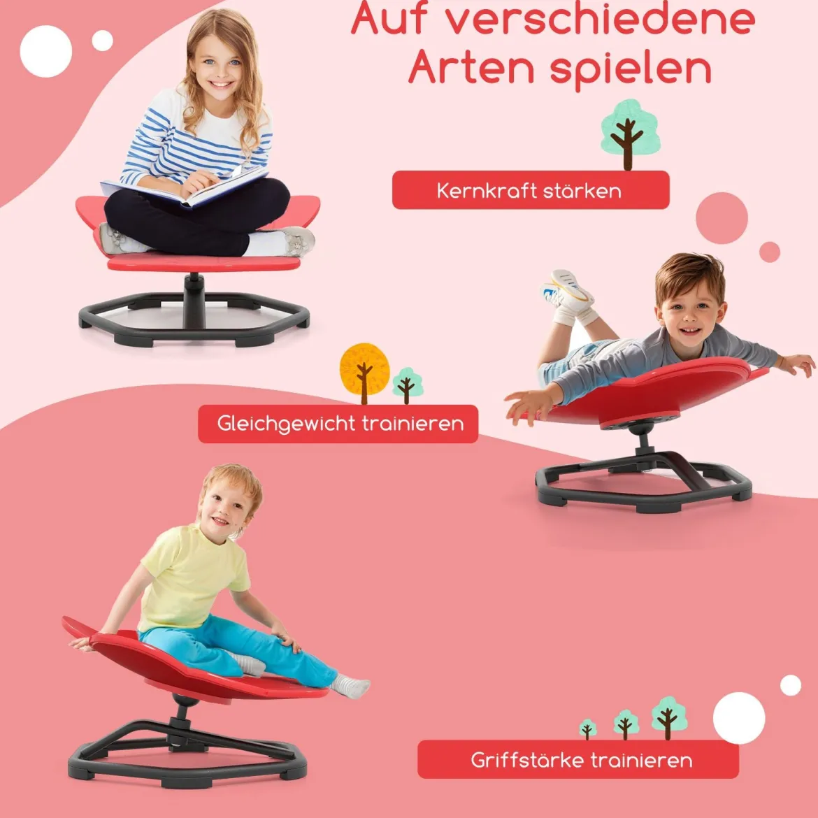 Sensorischer Drehstuhl Kinder 360° Kinderdrehstuhl Karussell Autismus Kinderstuhl mit rutschfester Metallbasis Rot Elefant